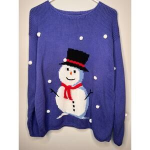 1990s Rey Wear Purple 3D Snowman Snowing Christmas Winter Scenic Sweater L